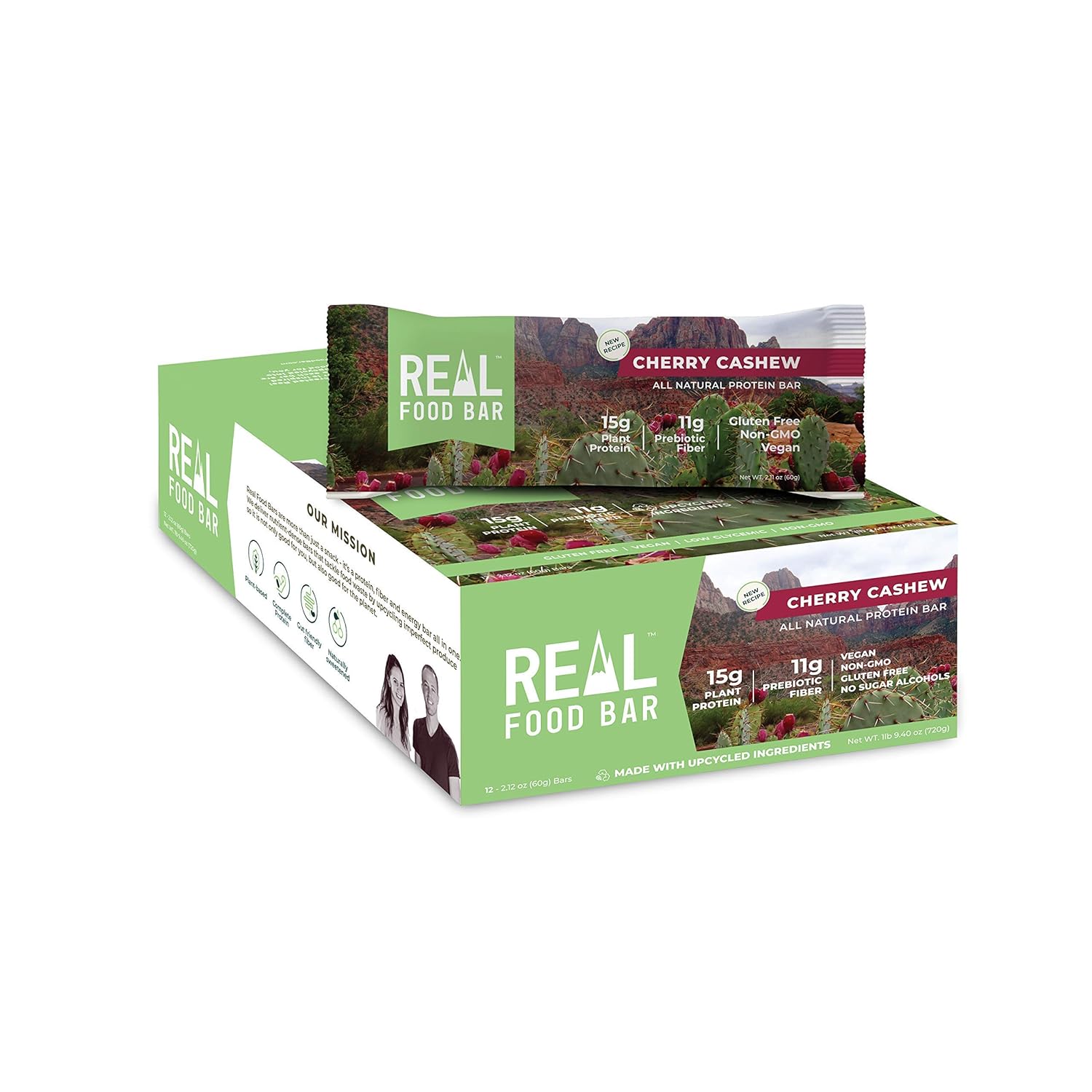 Real Food Bar – Plant based Protein Bar, Cherry Cashew, 15g Protein, 12 Bars | High Energy, Organic Ingredients, Gluten Free, Non GMO | All Natural Tasty Health Snack