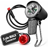 Ebike Headlight 2 Pin Male Connector 6-60V, LED E Bike Light for Ebike | 20 Lumen Output, 20 In Wired Cable, 180&deg; Adjustable Stainless Steel Bracket, Weather Resistant Sealed Housing