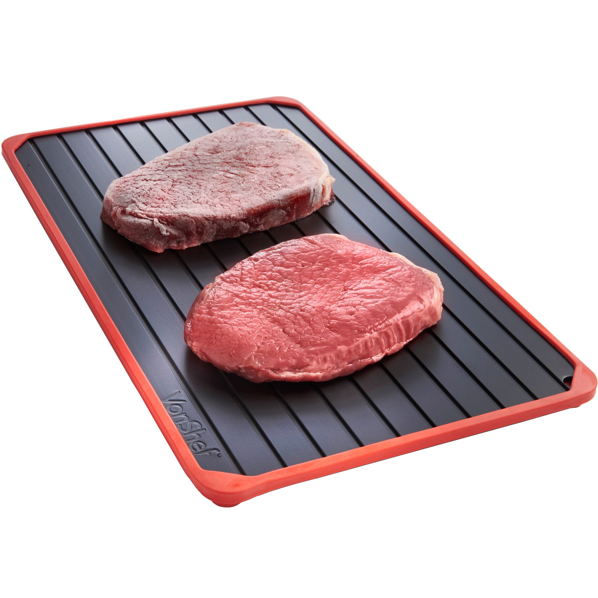 VonShef Defrosting Tray, Large Aluminium Meat Thaw Plate with Grooves & Spill-Proof Silicone Border, Defrosting Board Kitchen Accessories for fast Thawing Frozen Foods, 35cm x 20cm