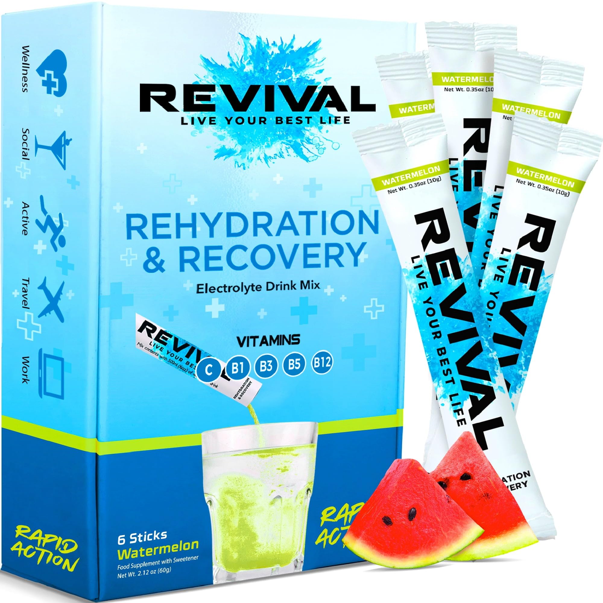 Revival Rapid Rehydration Electrolytes Powder - High Strength Vitamin C, B1, B3, B5, B12 Supplement Sachet Drink, Effervescent Electrolyte Hydration Tablets 6 Pack Watermelon Flavours