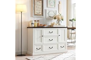 IFGET Farmhouse Coffee Bar Cabinet, 47" Buffet Cabinet w/5 Drawers, Rustic Wood Sideboard Cabinet w/Groove Barn Door, Storage Cabinet for Dinning Room, Kitchen, Bedroom, and Closet Room (White)