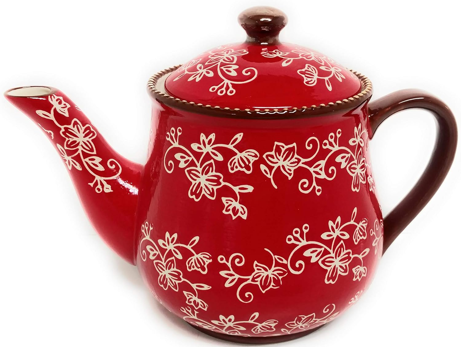 Temptations 1.5 Qt Tea Pot, Teapot with Lid, Stoneware (Floral Lace Red) Teapots