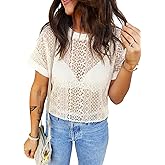 EVALESS Womens Spring Summer Tops Casual Lace Tops Crewneck Short Sleeve Shirts Cut Out T Shirts Sheer Crochet Beach Cover Up