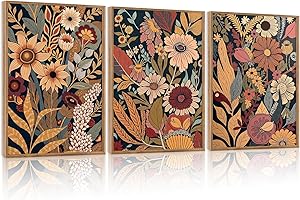 CHDITB Vintage Flowers Framed Canvas Wall Art Set Of 3, Rustic Bohemian Nature Wall Decor, Floral Botanical Prints, Farmhouse