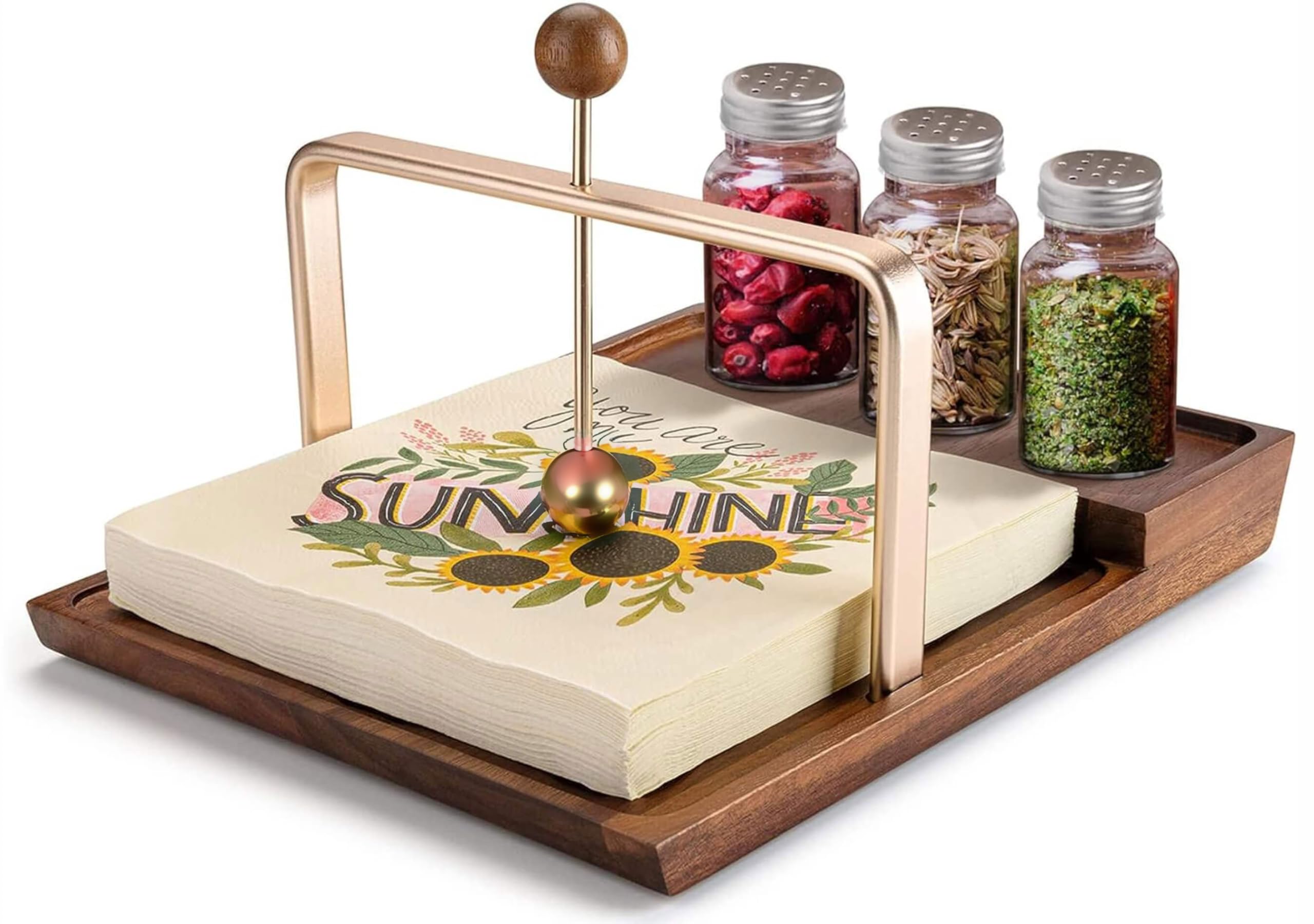 Rustic 2-in-1 Wooden Napkin Holder for Paper Napkins - Flat Holder with Salt and Pepper for Bar, Kitchen & Dining Room Decor