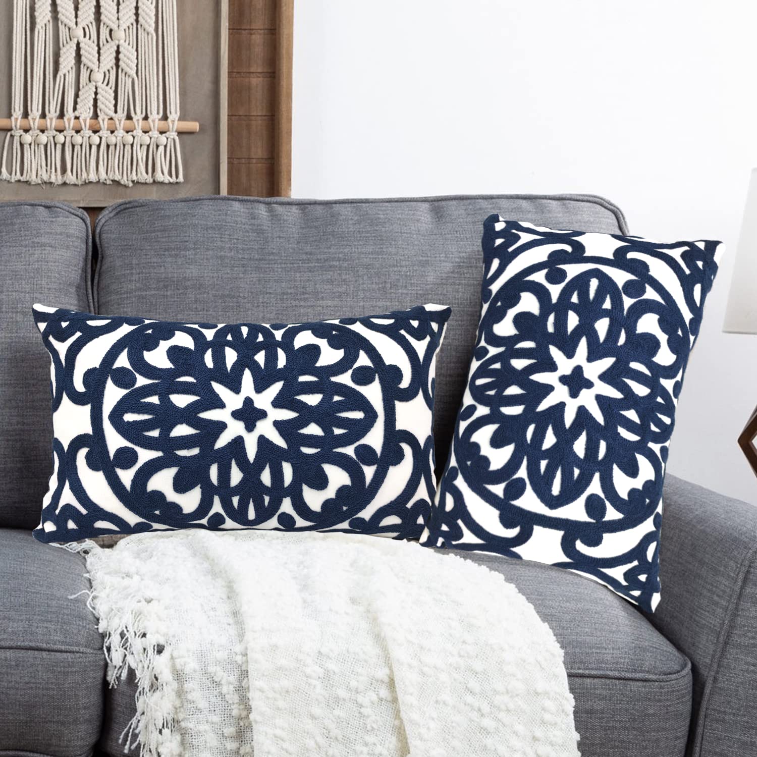 Photo 1 of **1 PC**Alysheer Embroidered Lumbar Decorative Throw Pillow Covers 12"x 20" Set of 2, Classic Boho Mandala Embroidery Pattern Cotton Rectangular Cushion Case for Sofa Couch Living Room Bedroom(Navy Blue)