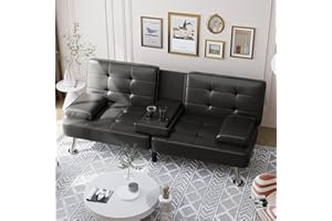 Shahoo Convertible Folding Futon Sofa Bed Sleeper Couch for Living Room Faux Leather Upholstered Loveseat w/Removable Armrests, Metal Legs, 2 Cup Holders, Black