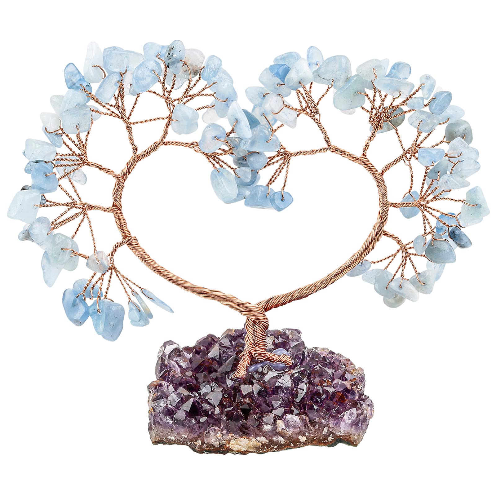Nupuyai Aquamarine Crystal Tree with Amethyst Cluster Base, Love Heart Money Tree Figurines Fengshui Ornament for Home Office Wedding Decoration