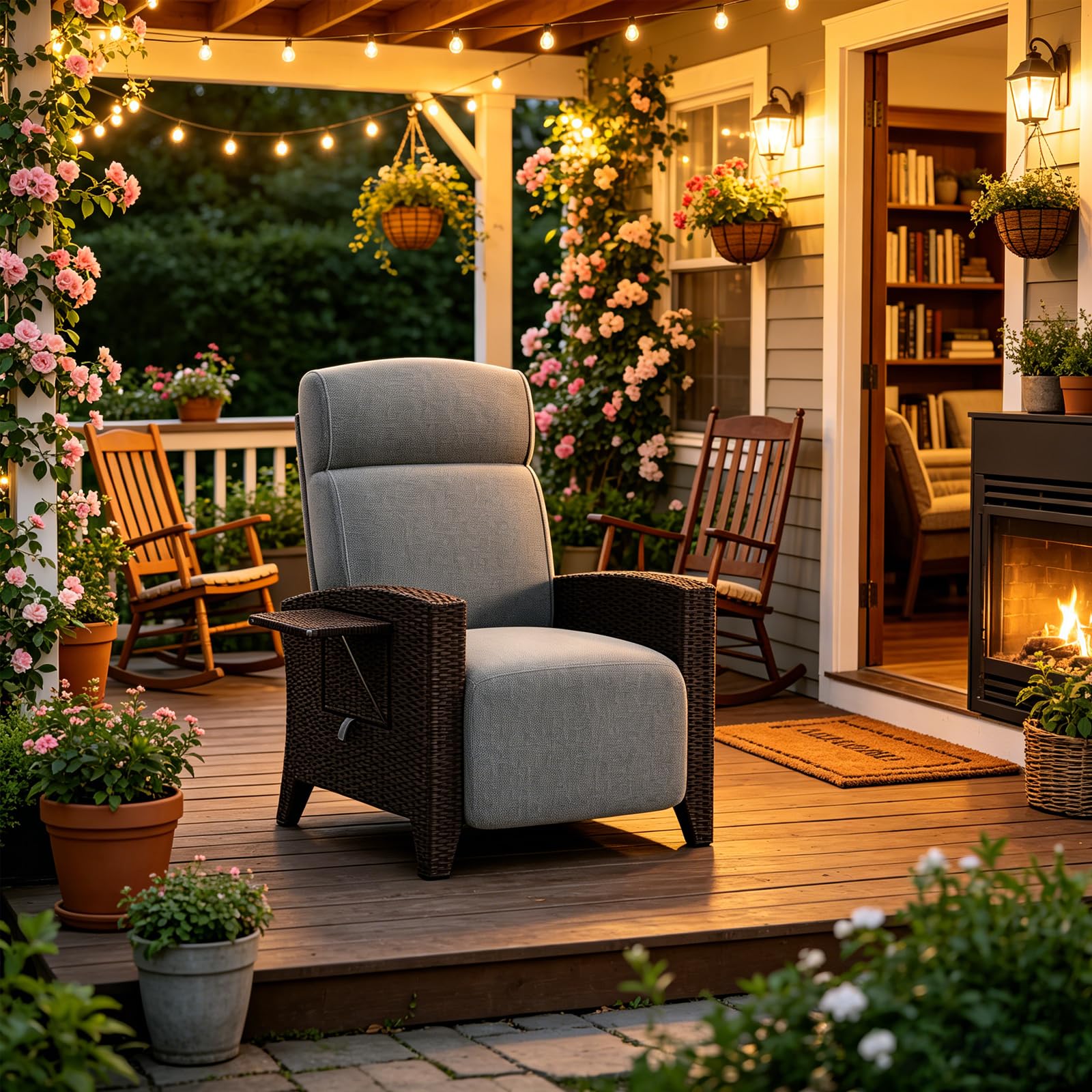 Outdoor Relaxsessel mit Klappbarem Seitentisch, 150° Verstellbarer Polyrattan Liegesessel mit Fußstütze & Kissen, Gartenliege für Innen & Außen,Terrassenstuhl für Balkon Garten Poolbereich (1Stuhl+1T) 2