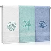 Hahafelt 3 Pack Coastal Hand Towels for Bathroom 100% Cotton Embroidered Beach Bathroom Towels 13.8 x 29.5'' Seashell Starfish Conch Blue Finger Towel Nautical Decorative Towel Gift for Summer Holiday