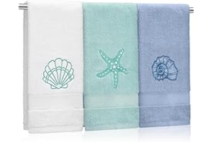 Hahafelt 3 Pack Coastal Hand Towels for Bathroom 100% Cotton Embroidered Bathroom Towels 13.78 x 29.53 Inch Soft Absorbent (Classic,Ocean)