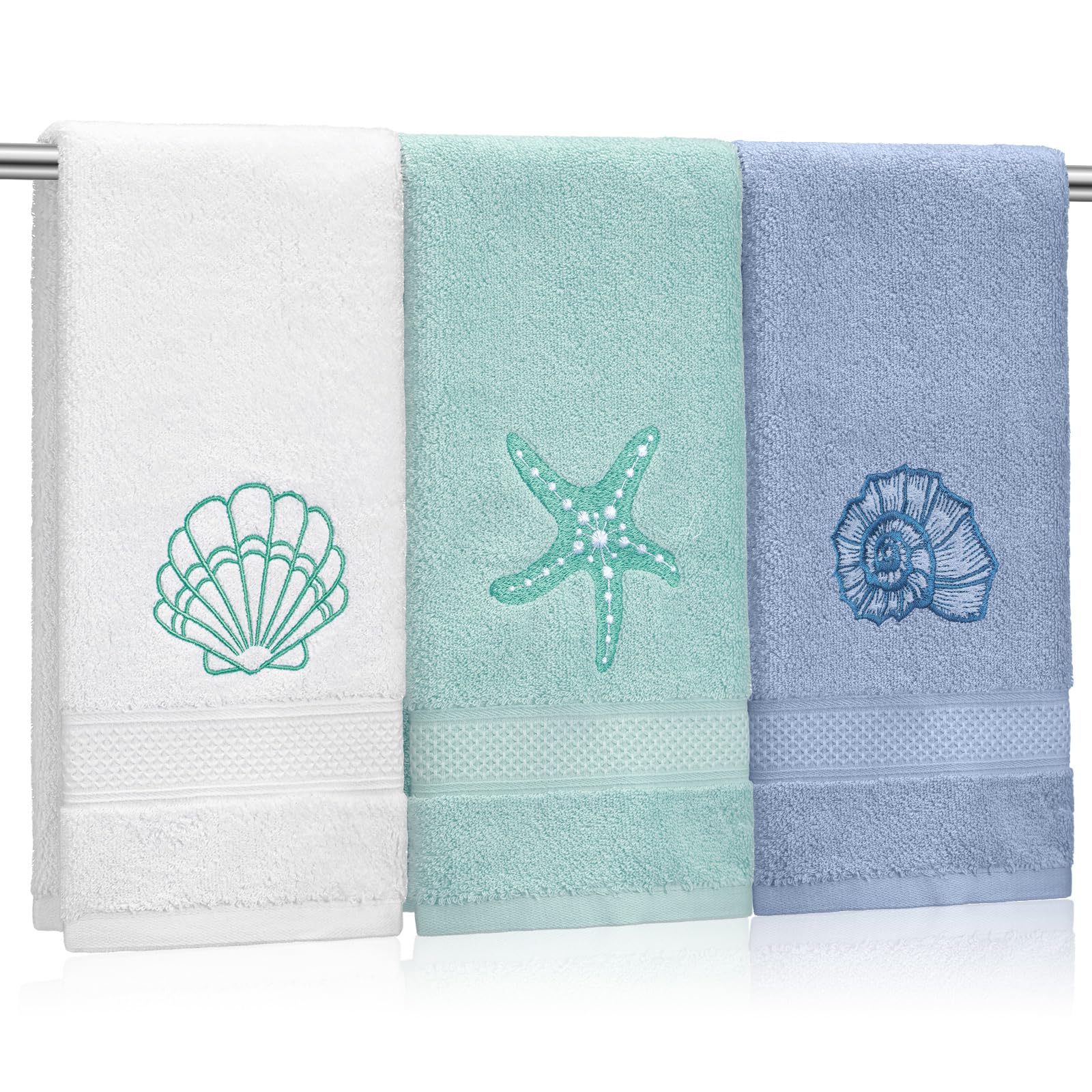Photo 1 of Hahafelt 3 Pack Coastal Hand Towels for Bathroom 100% Cotton Embroidered Bathroom Towels 13.78 x 29.53 Inch Soft Absorbent (Classic,Ocean)
