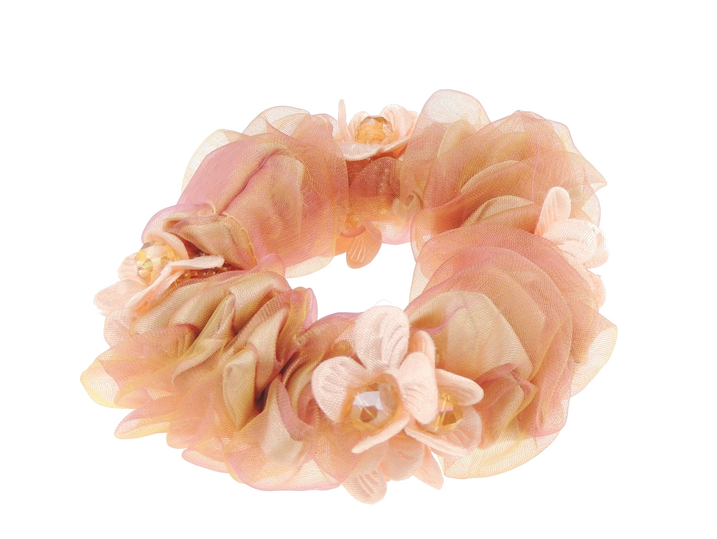 Womens Girls Chiffon Beaded Floral Fabric Scrunchie Christmas Birthday Bridal Wedding Party Ponio Hair Tie Up Back Elastic Accessories Bobbles Ponytail Holder Rubber Bands (Cluster Baby Pink)