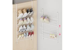 SWTYMIKI Over The Door Shoe Rack - Adjustable 4 Tier Hanging Shoe Organizer, Metal Heavy Duty Behind Shoe Storage or Wall Mou