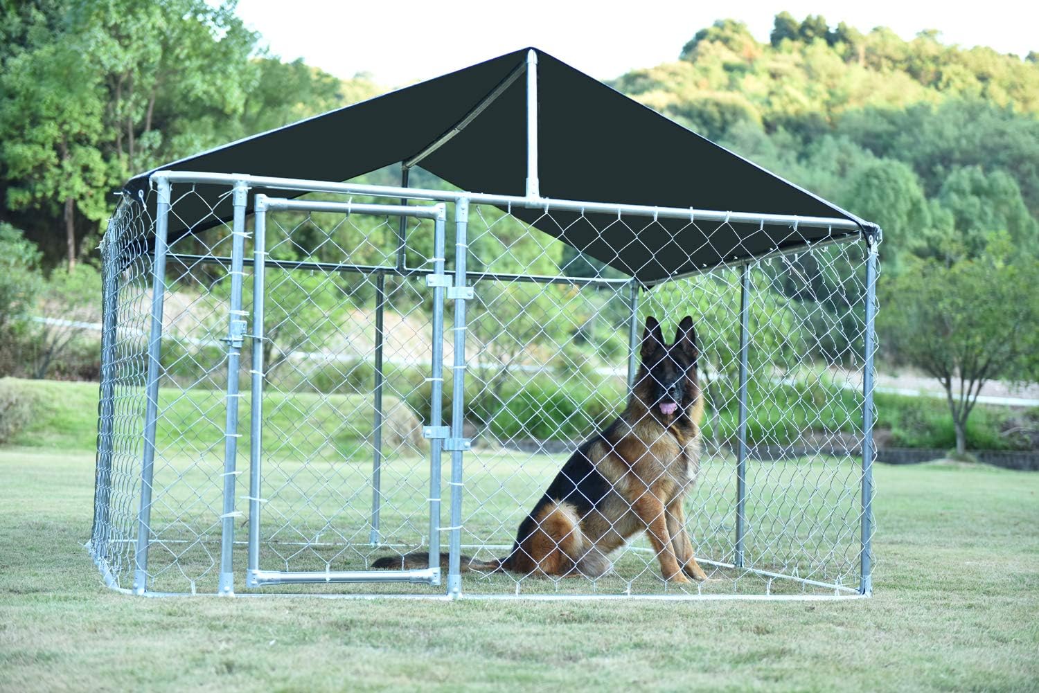 Kullavik 7.5' x 7.5' x 5' Dog Kennel Backyard Pet Cage Galvanized Chain Link Crate Dog House Large Pen Fence,with Black Weather Proof Roof Cover
