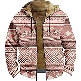 Retro Aztec Print Fleece Hooded Jackets For Men Casual Long Sleeve Zipper Hoodie Winter Multi Pockets Warm Coat