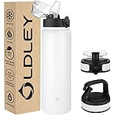 OLDLEY Insulated Water Bottle 32oz Water Bottles with Straw, Stainless Steel Water Bottle with 3 Lids, Double Wall Vacuum Bottles for Adult Kids, Sports Bottles for School Travel,White