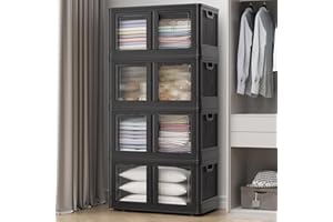 BROVIEW 4Pack 400QT Total Plastic Storage Bins with Lids, 100Gal Total Stackable Containers with Wheels, Folding Closet Organizers, Collapsible Cabinet with Doors for Closet Home Dorm, V6 Black