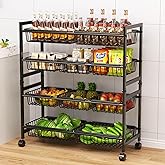 Cinati 4-Tier Snack Cart with Wheels, 29''W Toy Storage Organizer, Rolling Pantry Storage Cart with 10 Wire Baskets & Handle,Adjustable Metal Snack Rack, Kitchen Organizer for Fruit, Vegetables(Black)