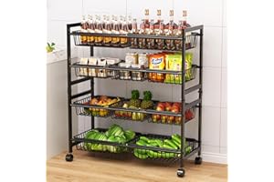 Cinati 4-Tier Kitchen Storage Cart, Adjustable Rolling Pantry Storage Cart with 10 Baskets & Handle, 29''L Metal Snack Cart with Wheels, Kitchen Shelf Organizer for Fruit, Vegetables, Potato(Black)
