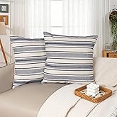 JoraLion Boho Throw Pillow Covers 18 x 18 inch, Navy Blue Striped Farmhouse Decorative Pillowcases, Accent Cushion Covers for Couch Living Room Bed Sofa, Pack of 2, Covers ONLY