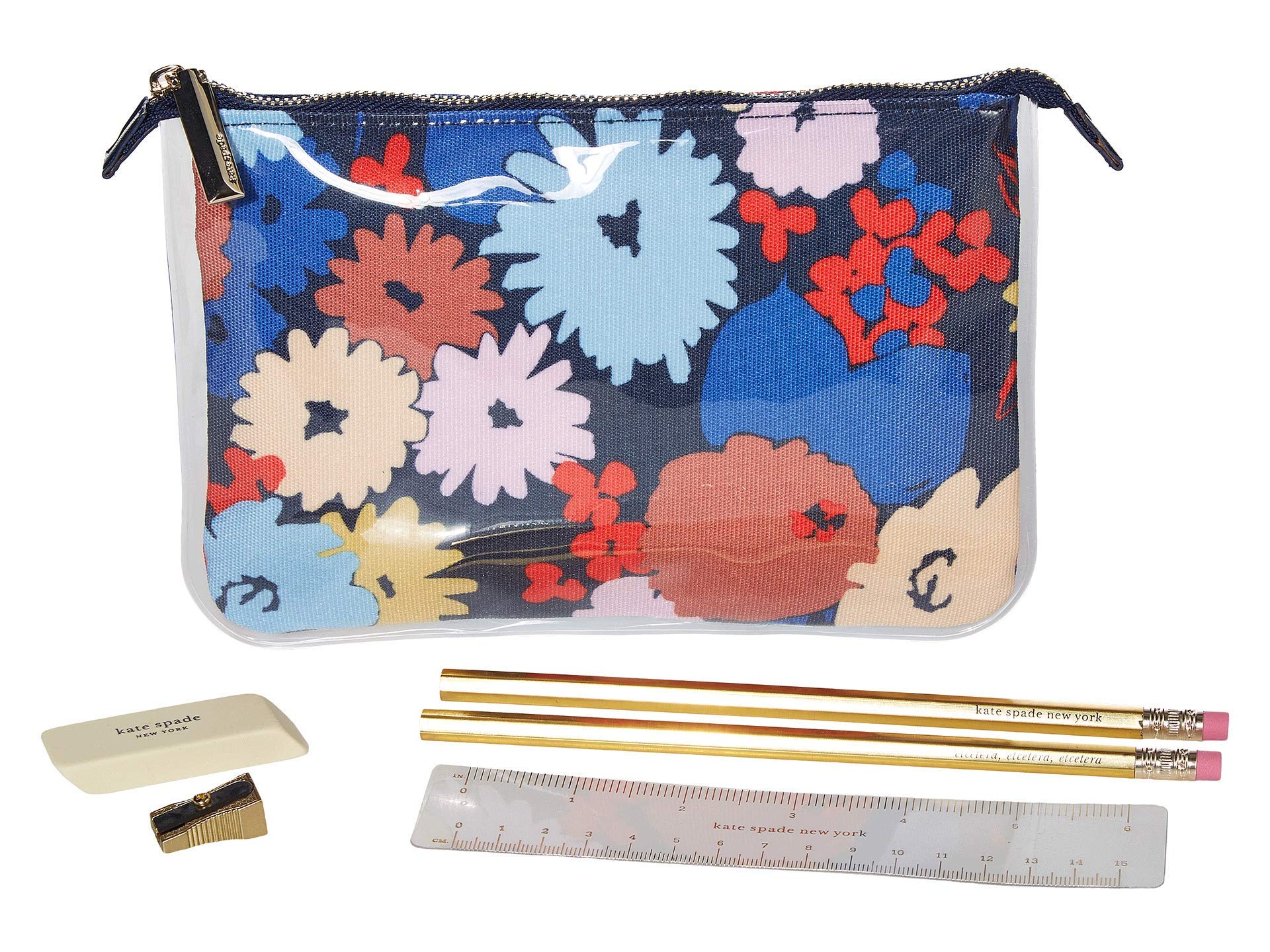 Kate Spade New York Double Layer Pencil Pouch, Includes 2 Pencils, Sharpener, Eraser, & Ruler, Swing Flora