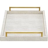 XIGEXIGE Ivory Shagreen Decorative Tray Large Rectangle Coffee Table Tray for Ottoman Faux Leather Serving Tray with Brushed Gold Handles