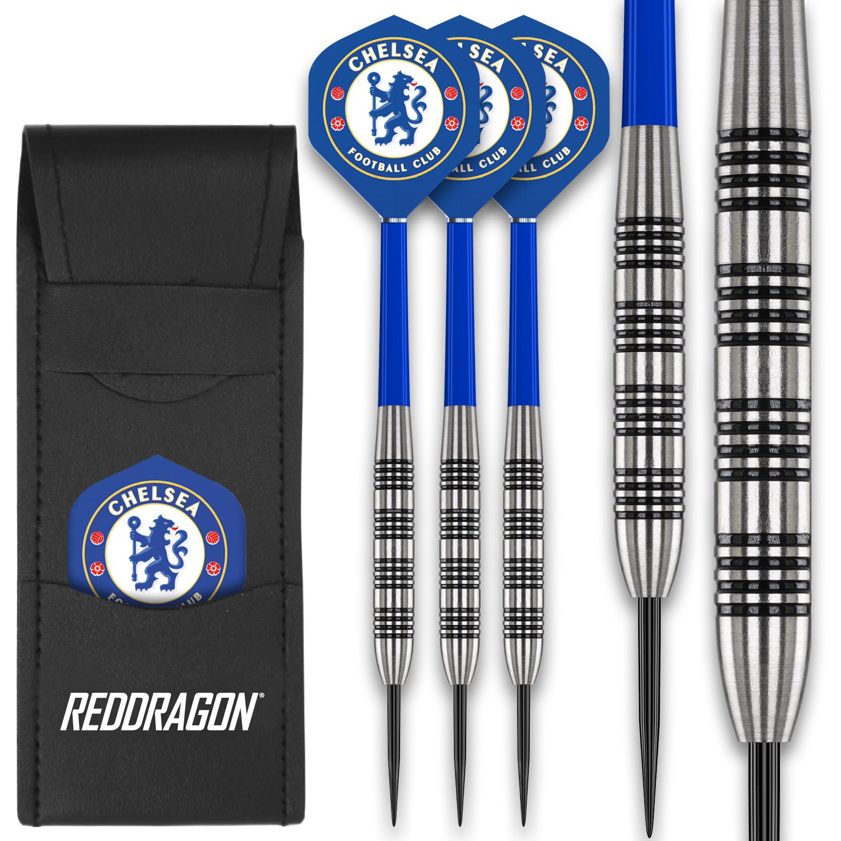 FOCO Officially Licensed Chelsea FC Flights with 80% Tungsten 24g Red Dragon Darts set - including Dart Shafts & Dart Bar Wallet - Professional Darts Accessories — image 1
