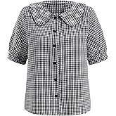 winkbay Women's Plaid Button Down Shirts Cute Summer Gingham Embroidered Collared Dressy Casual Blouses