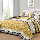 DJY Yellow Boho Quilt Set King Size, Striped Floral Yellow and Grey Bedspread Coverlet, 3 Pieces Patchwork Stripe Quilt Bedding Set Soft Microfiber Reversible Bedspread for All Season (110"x90")