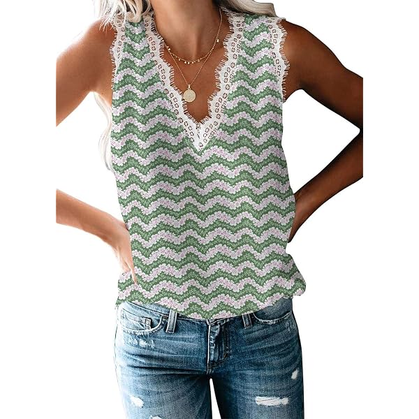 Blingfit Women's Lace Sleeveless Blouse – V Neck, Guipure Lace Trim, Floral Print, Medium