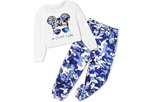 CRISONE Girl Outfits Long Sleeve Printed Crop Tops + Camouflage Pants 2pcs Fall Winter Clothes Set