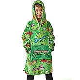 Teenage Mutant Ninja Turtles Boys Wearable Hooded Blanket | Green All Over Print Fleece Hoodie | Pullover Cartoon Loungewear