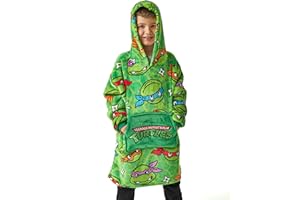 TEENAGE MUTANT NINJA Turtles Boys Wearable Hooded Blanket | Green All Over Print Fleece Hoodie | Pullover Cartoon Loungewear