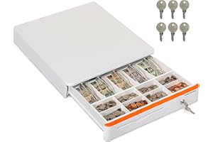 Volcora Cash Register Drawer for Point of Sale POS System with Round Corners 16", Removable Coin Tray, 5 Bill 8 Coin, 24V RJ11/12 Key-Lock Media Slot, Money Drawer for Business, Orange Bar/White
