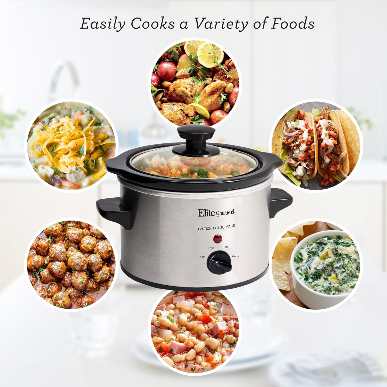 Elite Gourmet Lid & Ceramic Pot Slow Cooker with Adjustable Temp, Entrees, Sauces, Stews & Dips, Dishwasher Safe Glass Lid & Crock, 1.5 Quart, Stainless Steel: Crock Pot: Kitchen & Dining