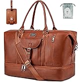 weiatas Faux Leather Travel Duffel Bag for Women Men, Large Weekender Overnight Bag with Shoes Compartment, Waterproof Carry On Bag Travel Tote Bag Gym Bag with Luggage Strap (Brown)