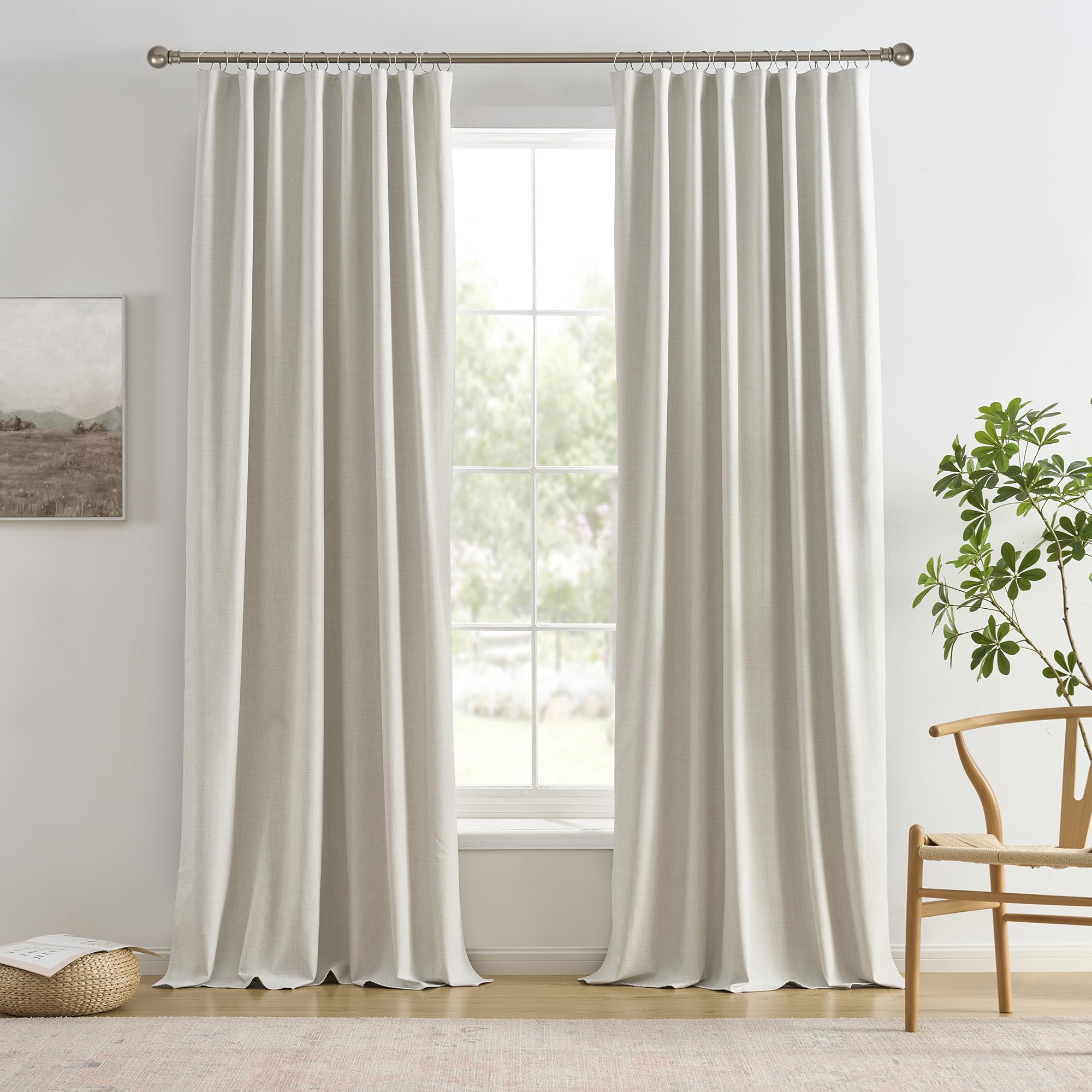 Photo 1 of 132 Inch Blackout Curtains Panels Set,Linen Textured Custom Curtains High Ceiling to Floor Rod Pocket Back Tab Farmhouse Dark Out Window Drapes for Living Room 11ft Length,Natural Birch/Ivory
