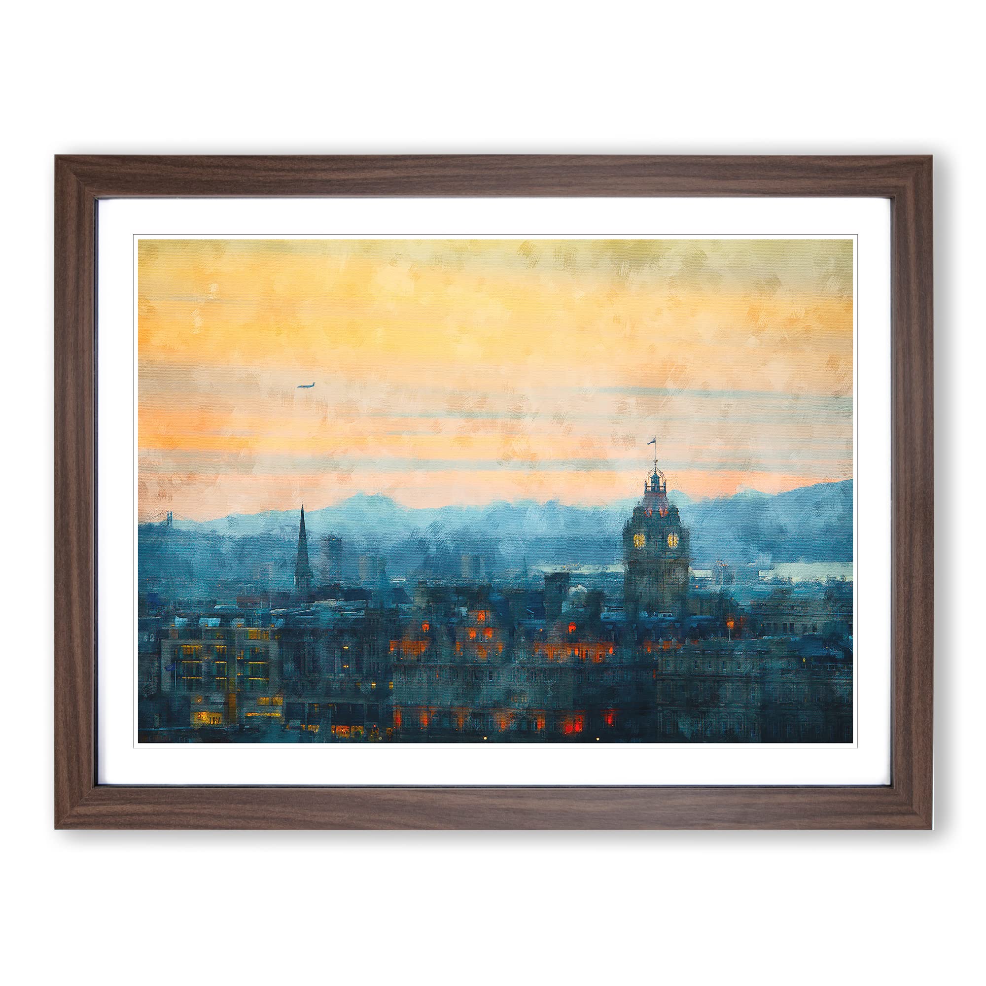 Edinburgh Skyline In Scotland Painting Modern Art Framed Wall Art Print, Ready to Hang Picture for Living Room Bedroom Home Office Décor, Walnut A4 (34 x 25 cm)