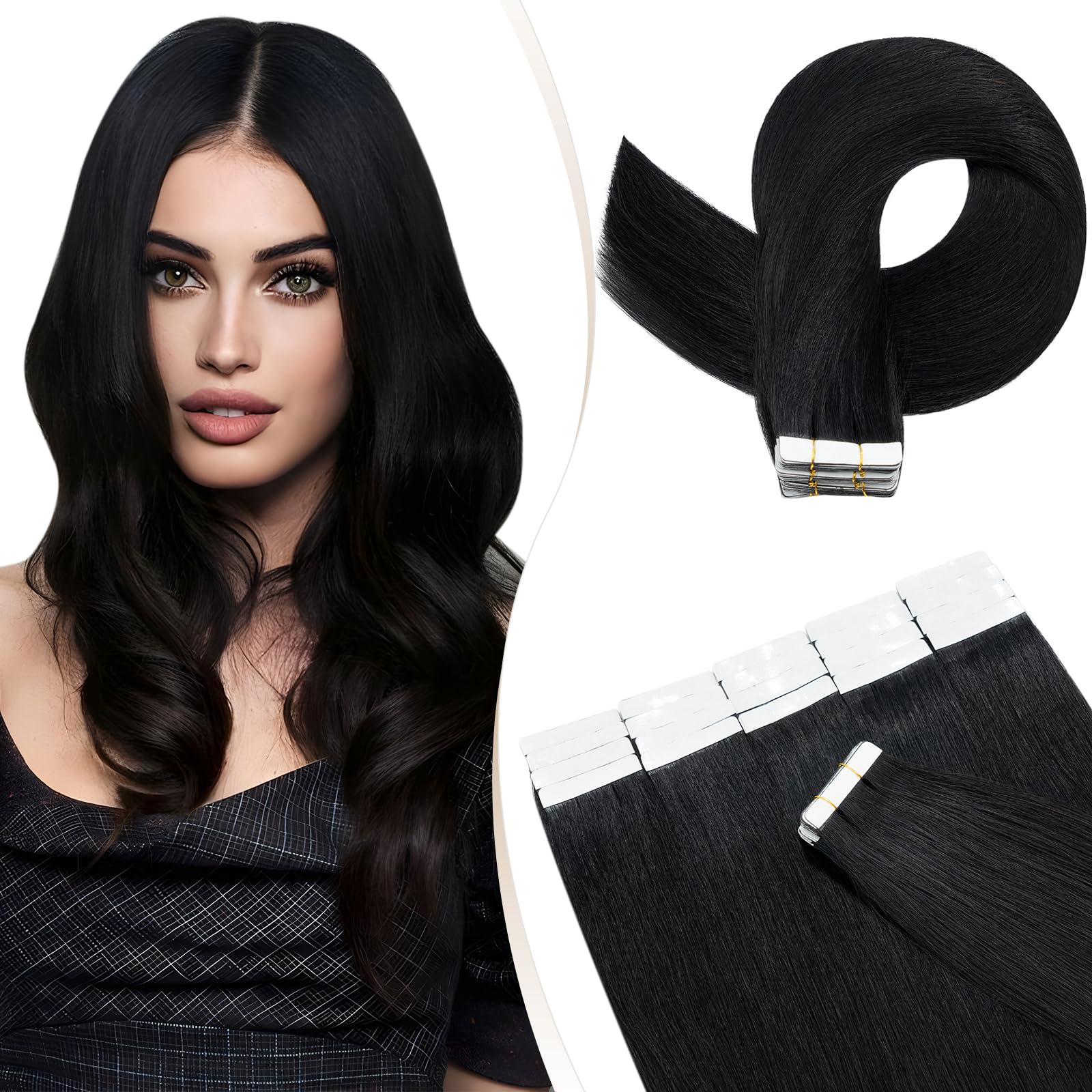 Elailite Tape in Hair Extensions Real Human Hair 20 Pcs 30g Invisible Thin Type - Seamless Skin Weft Remy Hair Extension (#1 Jet Black, 14 Inch) — image 1