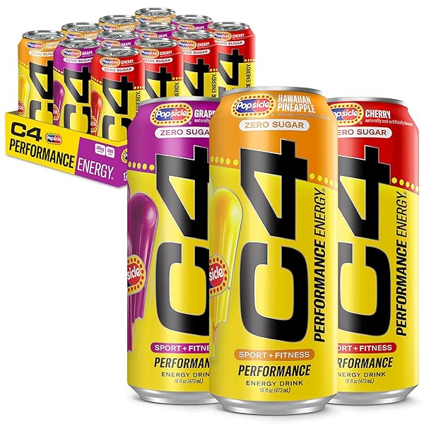 C4 ENERGY DRINK X POPSICLE VARIETY PACK, CARBONATED SUGAR FREE PRE WORKOUT PERFORMANCE DRINK WITH NO ARTIFICIAL COLORS OR DYES, 3 FLAVORS – GRAPE, HAWAIIAN PINEAPPLE, AND CHERRY, 16 OZ, PACK OF 12