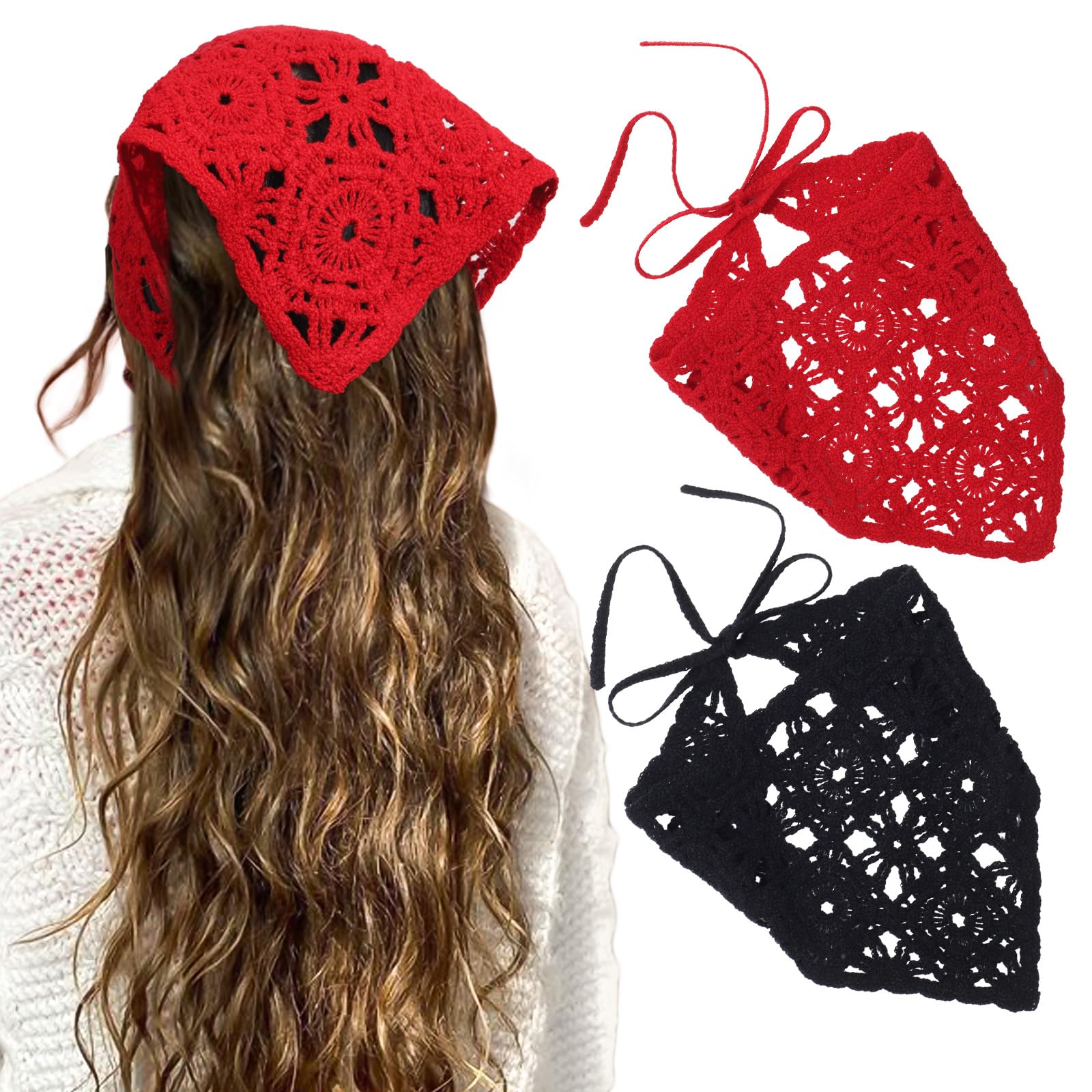 Photo 1 of ***** ONLY BLACK **** HAIMEIKANG Crochet Hair Bandanas for Women Knit Head Scarf Bandana Headband Scarf Tie-Back Floral Headscarf for Girls(Black+Red)