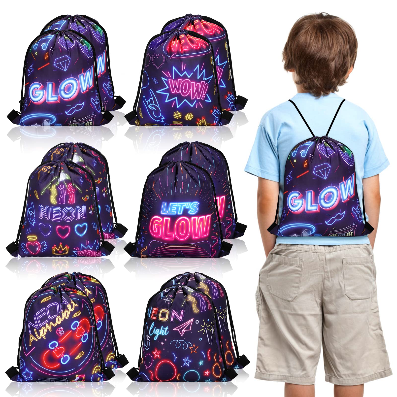 Photo 1 of 12 Pack Glow Neon Drawstring Bags - Neon Themed Candy Goodie Favor Bags for Glow in Dark Party, Easter, Birthday, Baby Shower Decoration Supplies