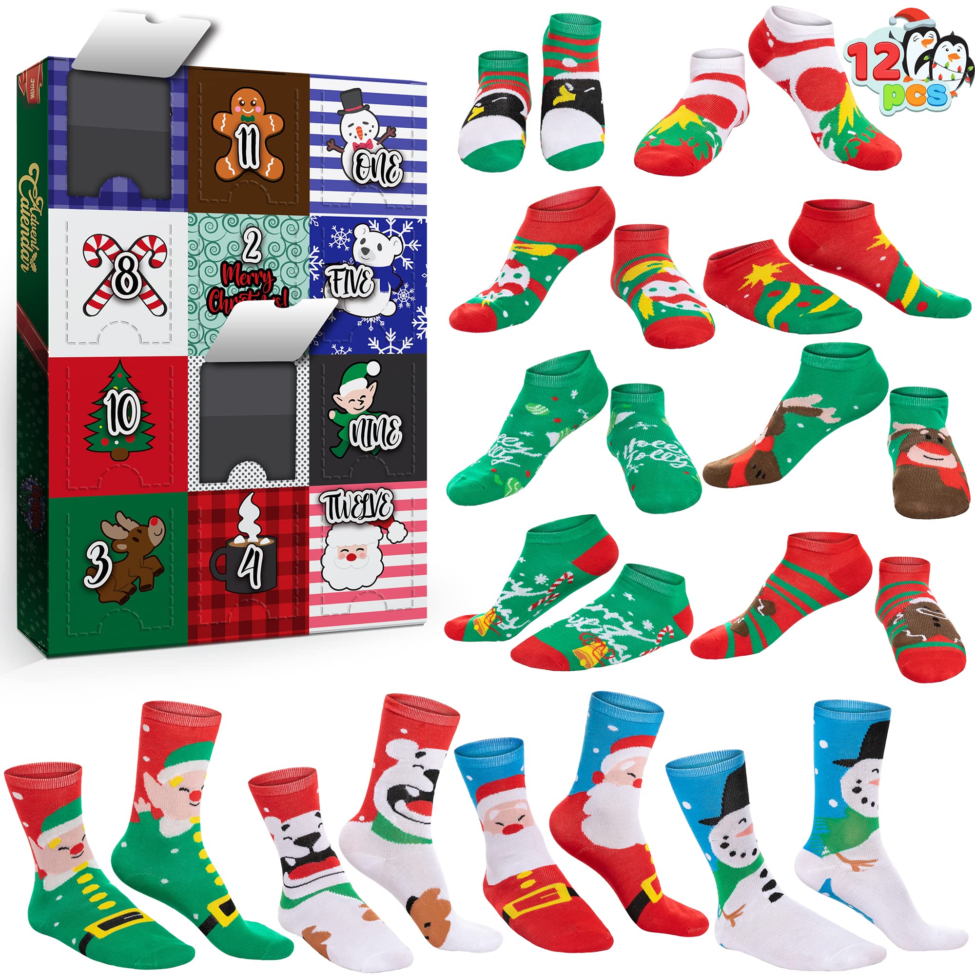 JOYIN 2025 Christmas Advent Calendar Includes 12 Pairs Socks Bulk for Women, Christmas Warm Cotton Socks Countdown Calendar with 8 Low Cut Socks and 4 Knee High Socks for Xmas Party Favor Gift Holiday