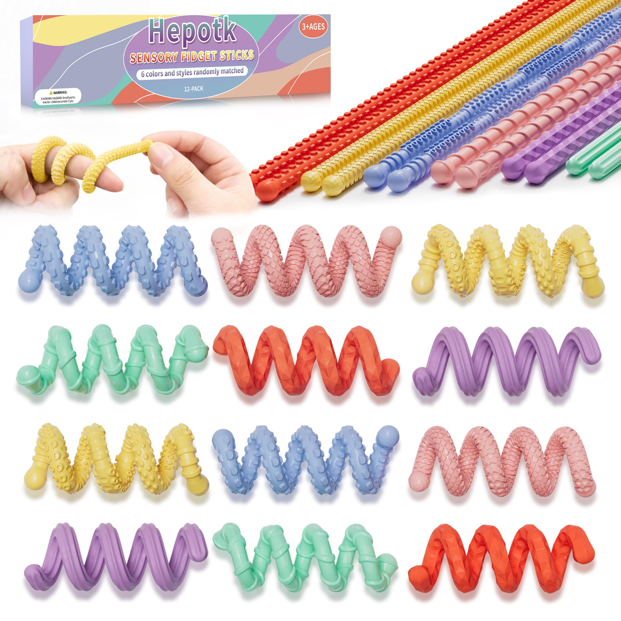 Hepotk Sensory Fidget Sticks - 12PCS Silicone Fidget Toy Pack with Mixed Textures, Random Colors & Styles | Stress Relief Toys for Autistic Kids 3+ & Adults | Must-Have for Travel, School & Home