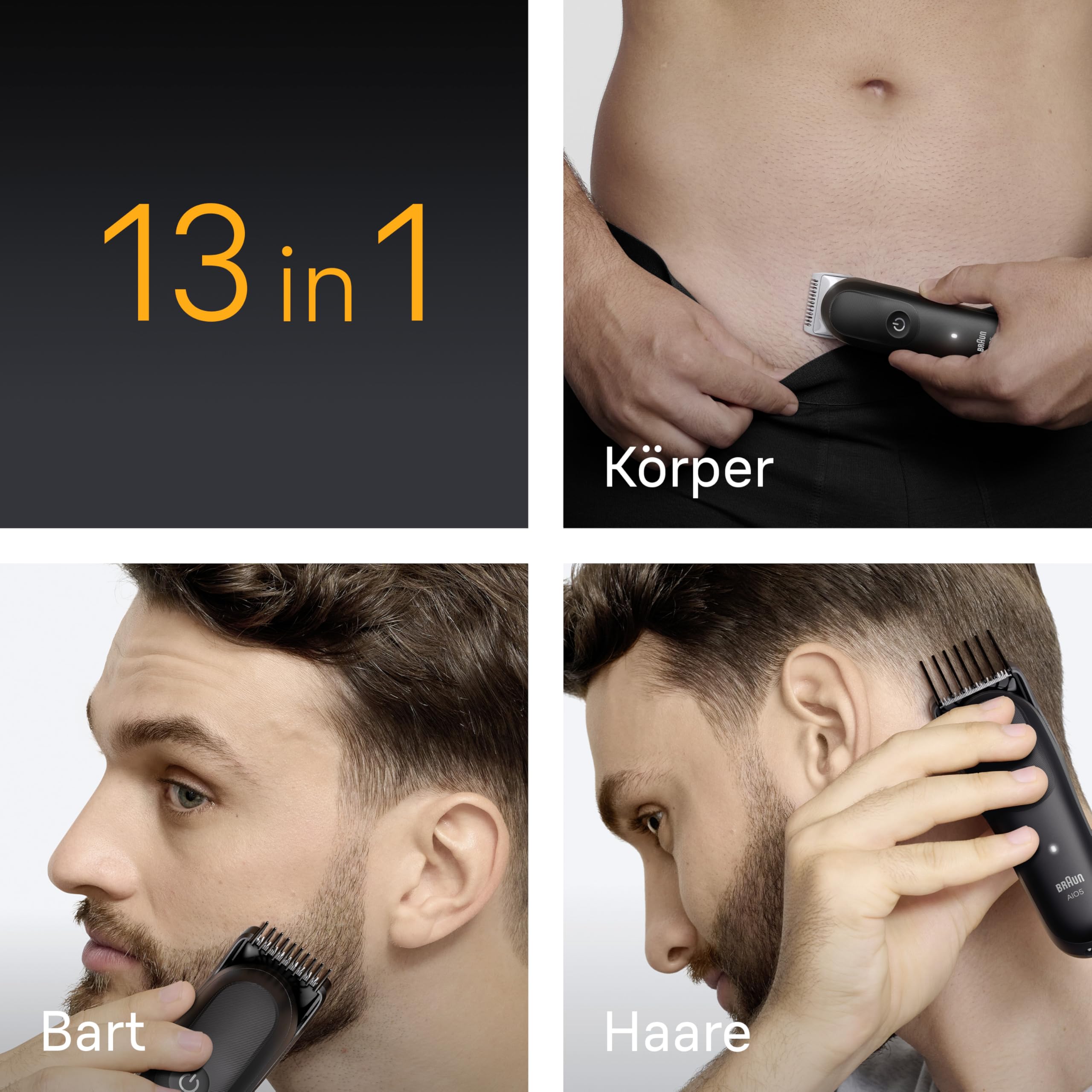 Braun All-in-One Series 5, 13-in-1 Multigroom, Barttrimmer, Nasenhaartrimmer, Haarschneidemaschine für Gesicht, Kopf und Körper, 120 Min Akku, 14 Längen (0.5–21 mm), Wasserdicht, AIO5565, Schwarz 3