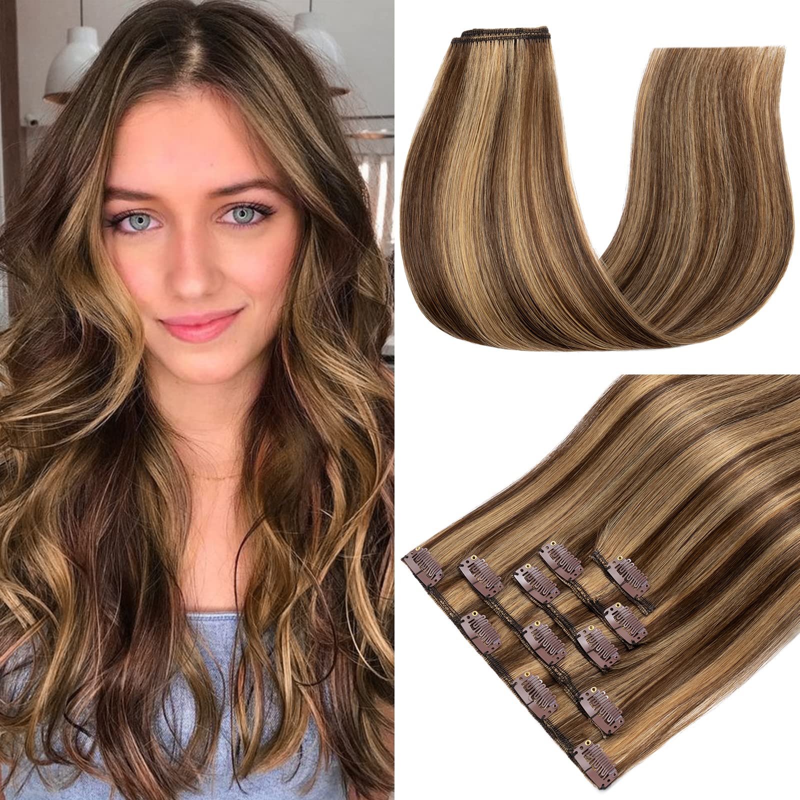 S-noilite Clip in Hair Extensions Real Human Hair,5Pcs 12 Clips Remy Natural Hair Extension Seamless Clip in Hair Extensions for Women (14 inch, Medium Brown/Dark Blonde) โ image 1