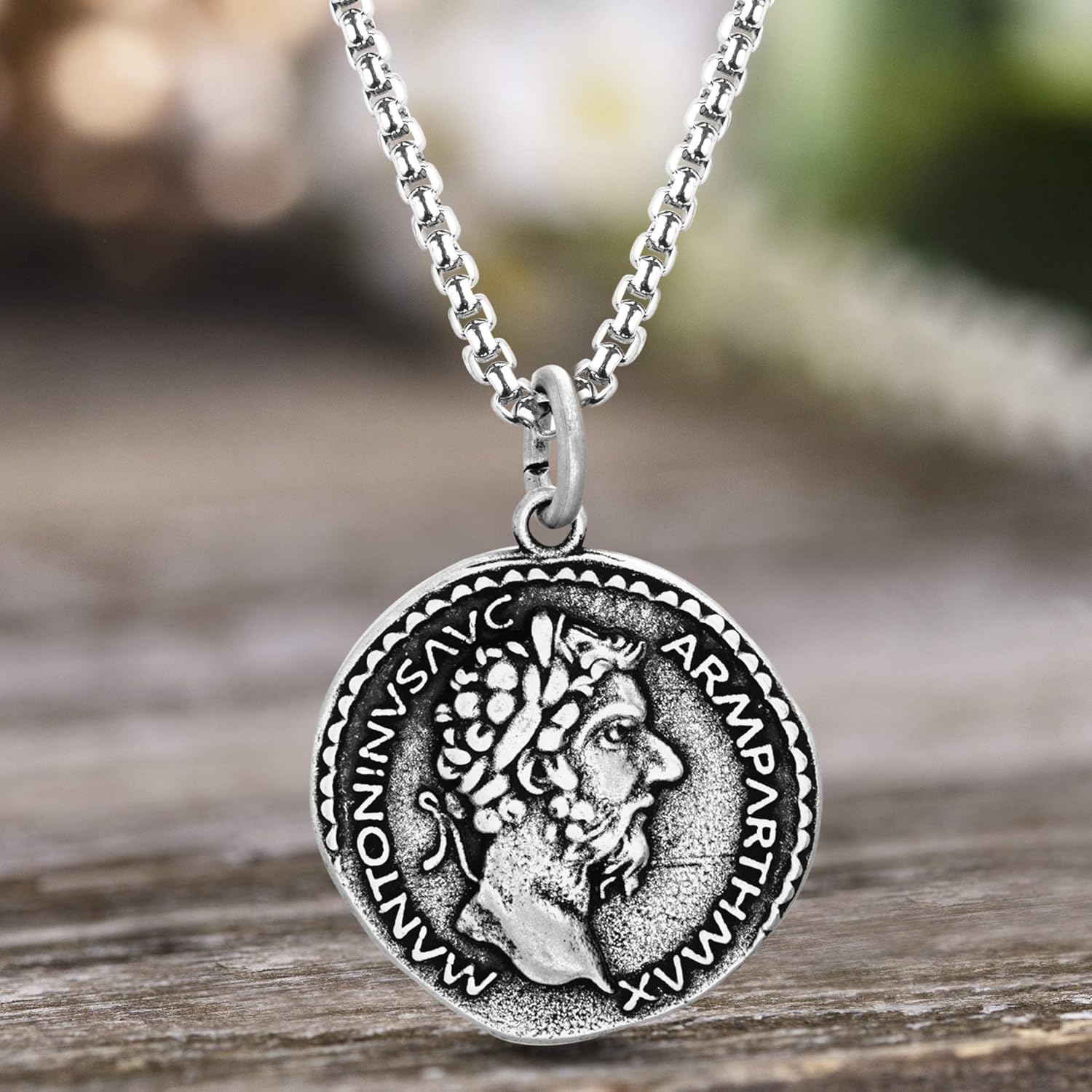 Steve Madden Men's Oxidized Marcus Aurelius Roman Coin Design Pendant Chain Necklace in Stainless Steel, Silver, 28 | 