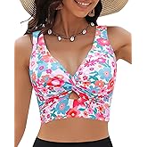 GRAPENT Bikini Tops for Women Cropped Tankini Tops Floral Printed Beach Padded Knot Twist Cut Out Bathing Suit Top Only