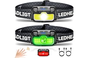 HOKOILN Headlamp Rechargeable 2 Pack, 1300 Lumen Ultra-Bright Head Lamp with Red Light, Waterproof Motion Sensor Head Lights for Forehead with White Green, 14 Modes Adjustable Headlight for Camping